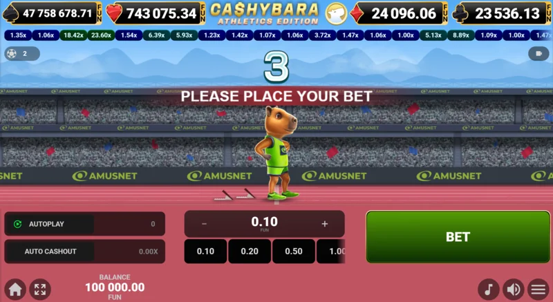 Cashybara Athletics Edition - გარბენის მთავარი ეკრანი კოეფიციენტის მრიცხველით